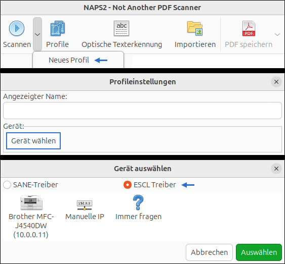 NAPS2 unter Ubuntu: Erstellung eines neuen Scanprofils und Auswahl eines Netzwerk-Scanners über eSCL (AirScan) statt SANE-Treiber Der Screenshot zeigt eine dreigeteilte Ansicht der Benutzeroberfläche von NAPS2 und dokumentiert den Prozess der Profilerstellung sowie der Geräteauswahl unter Linux. Im oberen Bereich ist die Hauptoberfläche der Anwendung zu sehen, in der die zentralen Funktionen über eine Symbolleiste erreichbar sind. Neben Optionen wie „Scannen“, „Profile“, „Optische Texterkennung“, „Importieren“ und „PDF speichern“ ist insbesondere der Bereich „Profile“ hervorgehoben. Ein Dropdown-Menü ist geöffnet, aus dem der Punkt „Neues Profil“ ausgewählt wurde – der Einstiegspunkt für die individuelle Konfiguration eines Scanvorgangs. Im mittleren Abschnitt wird daraufhin das Fenster „Profileinstellungen“ angezeigt. Hier können grundlegende Parameter für ein neues Scanprofil definiert werden. Dazu gehört unter anderem ein frei wählbarer Anzeigename, unter dem das Profil später gespeichert und wiederverwendet werden kann. Zentral ist jedoch die Auswahl des Scan-Geräts, die über die Schaltfläche „Gerät wählen“ initiiert wird. Dieser Schritt ist entscheidend, da hier die Schnittstelle zwischen Software und physischem Scanner festgelegt wird. Der untere Bereich zeigt den darauf folgenden Dialog „Gerät auswählen“, in dem verschiedene Anbindungsoptionen zur Verfügung stehen. Links ist der klassische „SANE-Treiber“ aufgeführt, der unter Linux traditionell für Scannerzugriffe verwendet wird. Daneben wird jedoch der „eSCL Treiber“ (AirScan) als aktive Auswahl angezeigt. Dieser moderne Ansatz nutzt standardisierte Netzwerkprotokolle auf Basis von HTTP/HTTPS und ermöglicht eine treiberlose Kommunikation mit kompatiblen Geräten. In der Liste wird zudem ein konkretes Gerät erkannt: ein Brother MFC-J4540DW, erreichbar über eine lokale IP-Adresse (10.0.0.11), was auf eine Netzwerkverbindung hindeutet. Zusätzlich stehen Optionen wie „Manuelle IP“ zur direkten Adressierung eines Geräts sowie „Immer fragen“ zur flexiblen Auswahl bei jedem Scanvorgang zur Verfügung. Die Benutzerführung ist dabei klar strukturiert: Über die Schaltflächen „Auswählen“ und „Abbrechen“ kann der Vorgang abgeschlossen oder verworfen werden. Insgesamt zeigt der Screenshot exemplarisch den Unterschied zwischen klassischer, backend-basierter Scanneranbindung über SANE und moderner, netzwerkbasierter Kommunikation via eSCL. Letztere bietet in vielen Fällen eine stabilere und wartungsärmere Lösung, insbesondere bei aktuellen Multifunktionsgeräten im Netzwerkbetrieb. Bildbearbeitung Veronika Helga Vetter - GWS2.de (März 2026)