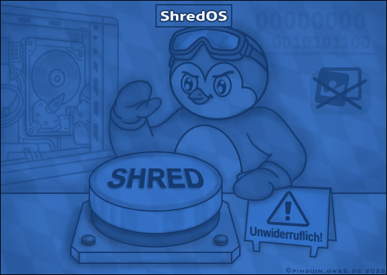 Shred OS Cartoon: Vincenz der Jüngere im Datenlabor – unwiderrufliches Löschen auf Knopfdruck - ein Produkt von Computerheld Linz PC-Vor-Ort-Service (2026) Der Cartoon zeigt eine liebevoll inszenierte Szene, die technische Ernsthaftigkeit mit augenzwinkernder Symbolik verbindet. Schauplatz ist ein stilisiertes Labor, in dem Daten nicht analysiert, sondern endgültig vernichtet werden. Die Umgebung wirkt aufgeräumt, fast klinisch, und erinnert an eine Mischung aus Werkstatt und Forschungseinrichtung – ein Ort, an dem Entscheidungen mit Konsequenzen getroffen werden. Links im Hintergrund erhebt sich ein klassisches Desktop-PC-Gehäuse mit einer transparenten Plexiglas-Seitenwand. Durch diese ist eine geöffnete mechanische Festplatte (HDD) deutlich zu erkennen: Die glänzende Magnetscheibe liegt frei, als sei sie gerade seziert worden. Dieses Detail macht unmissverständlich klar, worum es in dieser Szene geht – um das kompromisslose Ende gespeicherter Daten. Rechts im Hintergrund schweben abstrahierte Datenträgersymbole, darunter eine SSD und eine klassische Diskette. Alle diese Symbole sind deutlich durchgestrichen, ein visuelles Stoppschild für Wiederherstellung, Archivierung oder zweite Chancen. Hier gibt es kein Zurück, keine Sicherungskopie, keinen Papierkorb. Im Zentrum der Illustration steht der vertraute Pinguin der Webseite, liebevoll „Vincenz der Jüngere“ genannt – mit V am Anfang und zwei Z am Ende. Vincenz trägt eine Chemikerbrille, jedoch nicht vor den Augen, sondern lässig auf der Stirn, als Zeichen dafür, dass die Analysephase bereits abgeschlossen ist. Sein Blick ist fokussiert und entschlossen. Die rechte Flosse hat er erhoben, bereit zur finalen Handlung, während die linke fest auf dem Arbeitstisch ruht. Beide Flossen stecken in robusten Gummifäustlingen, ein subtiles Symbol für Sicherheit, Schutz und kontrollierte Gewalt. Direkt vor Vincenz dominiert ein großer roter Knopf, dessen Beschriftung dem Betrachter frontal entgegenschreit: „SHRED“. Der Knopf ist überdimensioniert, bewusst plakativ – er steht für den einen Moment, in dem aus Absicht Realität wird. Rechts daneben befindet sich ein aufgestelltes Warnschild: Ein Dreieck mit Ausrufezeichen, darunter das Wort „unwiderruflich!“ ausgeschrieben. Die Botschaft ist eindeutig: Was hier ausgelöst wird, lässt sich nicht rückgängig machen. Über der Szene prangt als schlichte Überschrift „Shred OS“. Kein Zusatz, keine Erklärung – die Grafik versteht sich als visuelle Ergänzung zu einem Anleitungsartikel, nicht als eigenständige Werbung. Sie übersetzt den technischen Vorgang des sicheren Löschens in eine einprägsame Bildsprache. Die Illustration wurde gezeichnet von Veronika Helga Vetter, die seit 2011 mit ihren Grafiken das Internet bereichert und komplexe technische Themen mit Humor, Klarheit und Wiedererkennbarkeit visualisiert. Der Cartoon verbindet technische Verantwortung mit erzählerischer Leichtigkeit und verleiht dem ansonsten nüchternen Thema der Datenvernichtung ein Gesicht – oder besser gesagt: einen entschlossenen Pinguin. GWS2.de - Januar 2026