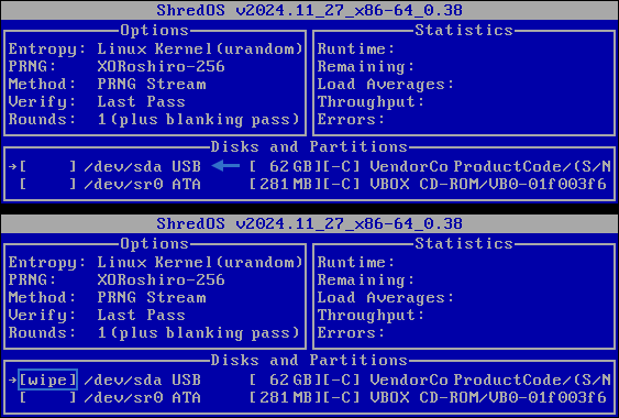 ShredOS 0.38 Live-System: Auswahl eines USB-Sticks (/dev) und Markierung zum Überschreiben (wipe) Die Collage besteht aus zwei übereinander angeordneten Screenshots und dokumentiert einen zentralen Schritt im Arbeitsablauf von ShredOS Version 0.38 unmittelbar nach dem Bootvorgang des Live-Systems. Beide Bildausschnitte zeigen dieselbe Programmoberfläche, jedoch in zwei aufeinanderfolgenden Zuständen, wodurch die Interaktion des Anwenders nachvollziehbar wird. Im oberen Screenshot ist das frisch gestartete ShredOS-Live-System zu sehen. Die Oberfläche präsentiert sich in dem für ShredOS typischen, nüchternen blauen Textmodus, der bewusst auf grafische Elemente verzichtet und stattdessen Klarheit und Kontrolle in den Vordergrund stellt. Direkt nach dem Start werden sämtliche vom Linux-Kernel erkannten Datenträger aufgelistet. Die Laufwerke erscheinen in ihrer systemnahen Bezeichnung als Gerätepfade, etwa /dev/sda für klassische Massenspeicher oder /dev/sr0 für optische Laufwerke. Diese Darstellung entspricht der Linux-typischen Sicht auf Hardware und ermöglicht eine eindeutige Identifikation aller angeschlossenen Speichermedien. Ein besonderes visuelles Merkmal im oberen Bild ist ein blauer Pfeil, der auf einen Eintrag mit der Bezeichnung des angeschlossenen USB-Sticks zeigt. Der Datenträger wird anhand von Vendor- und Produktcode identifiziert und verfügt über eine Kapazität von 32 GB. Der Pfeil dient als Hervorhebung und signalisiert, dass genau dieses Medium im Fokus steht und für den Löschvorgang vorgesehen ist. Zu diesem Zeitpunkt befindet sich der Datenträger jedoch noch im neutralen Zustand – er ist lediglich markiert, aber noch nicht für das Überschreiben freigegeben. Der untere Screenshot zeigt dasselbe Fenster in nahezu identischer Darstellung, allerdings mit einem entscheidenden Unterschied. Vor dem Eintrag des ausgewählten USB-Sticks erscheint nun der Parameter „wipe“. Dieses Attribut macht deutlich, dass der Benutzer den Datenträger aktiv ausgewählt und mit der Enter-Taste für den Löschvorgang markiert hat. Erst durch diesen bewussten Schritt wird das Medium in den Zustand versetzt, in dem es tatsächlich überschrieben werden kann. Die Gegenüberstellung der beiden Screenshots verdeutlicht das Sicherheitskonzept von ShredOS: Kein Datenträger wird automatisch oder unbedacht gelöscht. Jede Aktion erfordert eine explizite Bestätigung durch den Anwender. Die Collage macht diesen Übergang – vom bloßen Anzeigen der Laufwerke hin zur gezielten Auswahl eines bestimmten Mediums – visuell nachvollziehbar und unterstreicht die kontrollierte, schrittweise Arbeitsweise des Löschbetriebssystems. Finanziert von Computerheld Linz - Januar 2026
