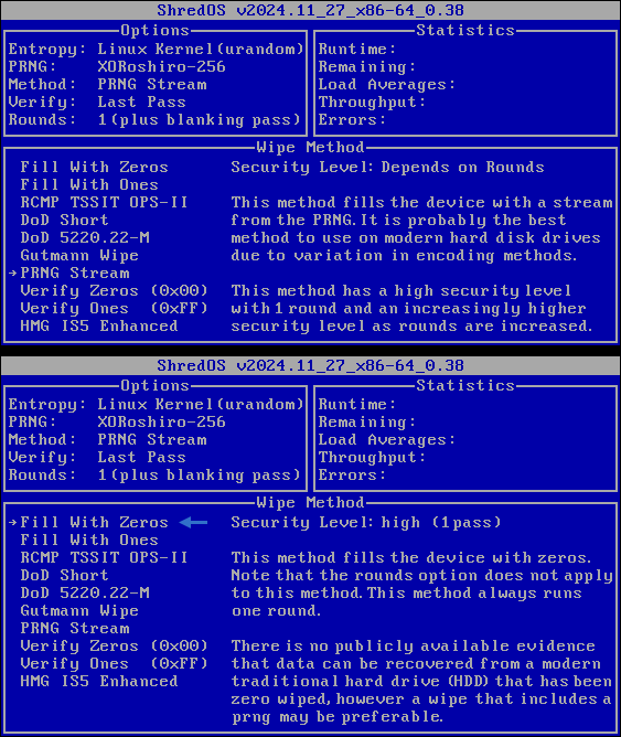 ShredOS 0.38 Löschmethoden: PRNG Stream versus Fill with Zeros – sichere Datenlöschung im Vergleich Die Split-Screen-Grafik besteht aus zwei übereinander angeordneten Screenshots aus ShredOS Version 0.38 und dokumentiert die Auswahl der Löschmethode für einen zuvor zum Überschreiben markierten Datenträger. Beide Bildhälften zeigen dasselbe Menü, jedoch mit unterschiedlicher Hervorhebung und damit zwei bewusst gegeneinander gestellten Sicherheitsansätzen. Im oberen Screenshot ist das Methodenmenü von ShredOS zu sehen, das über die Taste M aufgerufen wird, nachdem der betreffende USB-Stick zuvor mit dem Parameter wipe markiert wurde. Standardmäßig ist hier die Option „PRNG Stream“ vorausgewählt. Diese Methode überschreibt den gesamten Datenträger sektorweise mit einem kontinuierlichen Strom aus pseudozufälligen Daten. Technisch kommt dabei ein Pseudozufallszahlengenerator zum Einsatz, der fortlaufend neue Bytefolgen erzeugt, sodass kein erkennbares Muster auf dem Medium zurückbleibt. Das Ergebnis ist ein Speicherinhalt, der für Analyse- oder Wiederherstellungstools wie reines Rauschen wirkt. Diese Vorgehensweise stammt aus klassischen Sicherheitsrichtlinien für magnetische Datenträger und gilt als besonders gründlich, ist jedoch zeitintensiv und ressourcenlastig. Gerade bei USB-3.0-Sticks oder anderen Flash-Speichermedien ist diese Methode in der Praxis oft überdimensioniert. Durch interne Wear-Leveling-Mechanismen und vergleichsweise begrenzte Schreibgeschwindigkeiten verlängert sich der Vorgang erheblich, ohne einen realen Sicherheitsgewinn gegenüber einfacheren Verfahren zu liefern. Der untere Screenshot zeigt dasselbe Menü, diesmal jedoch mit einem blauen Pfeil, der gezielt auf die Option „Fill with Zeros“ verweist. Diese Methode überschreibt den Datenträger vollständig mit Nullen (0x00). Technisch betrachtet werden dabei alle adressierbaren Sektoren einmal sequenziell beschrieben, wodurch sowohl Nutzdaten als auch Metadaten zuverlässig entfernt werden. Für USB-Sticks und viele Alltagsdatenträger stellt dieses Verfahren den optimalen Kompromiss aus Sicherheit und Geschwindigkeit dar: Der Überschreibvorgang ist deutlich schneller abgeschlossen, schont das Medium und erfüllt dennoch alle praktischen Anforderungen an eine sichere Datenlöschung vor Weitergabe oder Verkauf. Die Gegenüberstellung der beiden Screenshots macht deutlich, dass ShredOS dem Anwender nicht nur Kontrolle über den Ziel-Datenträger, sondern auch über das angemessene Sicherheitsniveau gibt. Nicht maximale Komplexität, sondern eine bewusste, kontextabhängige Entscheidung steht im Vordergrund. Die dargestellten Screenshots wurden erstellt und bearbeitet von Veronika Helga Vetter, Betreiberin des PC-Vor-Ort-Services Computerheld Linz, wo ShredOS regelmäßig im Rahmen des offiziellen Leistungskatalogs zur sicheren Datenlöschung eingesetzt wird. Die Veröffentlichung dieser Bilddokumentation erfolgte im Januar 2026 und dient sowohl der technischen Aufklärung als auch der praktischen Anleitung für Anwender, die ihre Datenträger verantwortungsvoll bereinigen möchten. GWS2.de