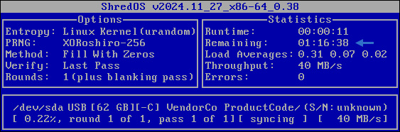 ShredOS 0.38 Überschreibevorgang: USB-Stick mit Fill with Zeros bei 40 MB/s, Restlaufzeit über eine Stunde Der Screenshot zeigt das aktive Live-System von ShredOS in der Version 0.38, während ein zuvor ausgewählter USB-Datenträger gerade überschrieben wird. Der Löschvorgang wurde bewusst und kontrolliert über die Tastenkombination Strg + S gestartet – ein letzter, expliziter Schritt, der verdeutlicht, dass ShredOS keine Aktion ohne aktive Bestätigung des Anwenders ausführt. Im zentralen Bereich der Oberfläche ist der Fortschritt des Überschreibevorgangs sichtbar. Der betroffene Datenträger wird anhand seines USB Vendor- und Product-Codes eindeutig identifiziert, sodass keine Verwechslung mit anderen angeschlossenen Laufwerken möglich ist. Zum Zeitpunkt der Aufnahme sind 0,22 % des Mediums überschrieben. Diese geringe Prozentzahl macht unmittelbar deutlich, dass sichere Datenlöschung kein spontaner Klick, sondern ein Prozess ist, der Zeit benötigt. Technische Statusinformationen liefern weitere Einordnung: Der aktuelle Datendurchsatz liegt bei rund 40 MB/s, ein für USB-Sticks realistischer Wert, der die physikalischen Grenzen von Flash-Speicher widerspiegelt. Als verbleibende Dauer werden 1 Stunde, 16 Minuten und 38 Sekunden angegeben. Die Zeitangabe ist visuell in Blau und Weiß hervorgehoben und zieht den Blick des Betrachters gezielt auf sich. Sie fungiert als stiller Hinweis darauf, dass selbst bei vergleichsweise kleinen Datenträgern mit einer Kapazität von rund 62 GB ein vollständiges Überschreiben deutlich über eine Stunde in Anspruch nehmen kann. Auf der linken Seite der Oberfläche ist unter dem Menüpunkt „Options“ die aktive Löschmethode ersichtlich. Hier ist „Fill with zeros“ ausgewählt – die einfachste und zugleich effizienteste Methode, bei der alle Sektoren des Datenträgers mit Nullen beschrieben werden. Gerade diese Anzeige ist aufschlussreich: Selbst diese minimalistische Überschreibtechnik benötigt spürbare Zeit, was den Mythos vom „schnell mal löschen“ endgültig entkräftet. Der Screenshot transportiert damit eine klare Botschaft: Sichere Datenlöschung ist kein kosmetischer Vorgang, sondern ein technisch fundierter Prozess, der Geduld erfordert. ShredOS macht diesen Prozess transparent, nachvollziehbar und ehrlich sichtbar – inklusive Zeitbedarf, Durchsatz und Methode. Genau darin liegt die Stärke dieses Löschbetriebssystems. GWS2.de - Januar 2026